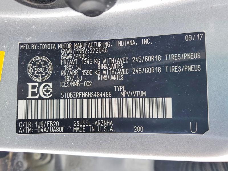73836505 :رقم المزاد ، 5TDBZRFH6HS484488 vin ، 2017 Toyota Highlander مزاد بيع