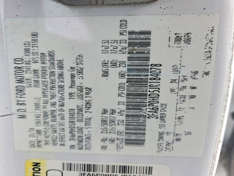 2018 Ford Fusion მანქანა იყიდება აუქციონზე, vin: 3FA6P0HD5JR184078, აუქციონის ნომერი: 74991975