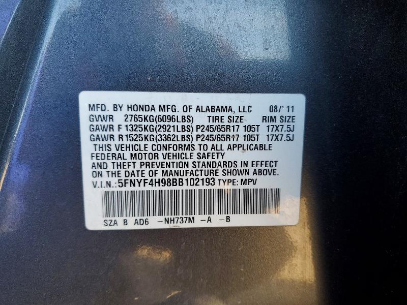 Продажа на аукционе авто 2011 Honda Pilot, vin: 5FNYF4H98BB102193, номер лота: 99617195