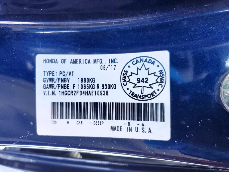 2017 Honda Accord მანქანა იყიდება აუქციონზე, vin: 1HGCR2F04HA810938, აუქციონის ნომერი: 75565425