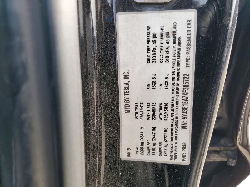 Aukcja sprzedaży 2019 Tesla Model 3, vin: 5YJ3E1EA7KF306722, numer aukcji: 72783725