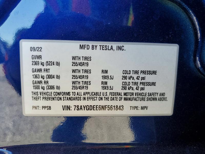 Продажа на аукционе авто 2022 Tesla Model Y, vin: 7SAYGDEE6NF561843, номер лота: 74495655