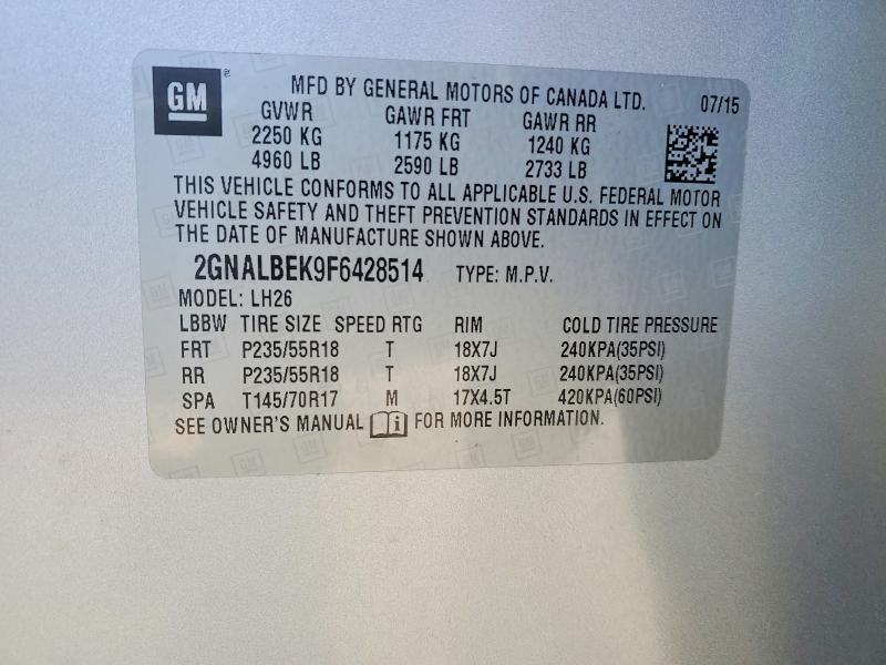 2015 Chevrolet Equinox მანქანა იყიდება აუქციონზე, vin: 2GNALBEK9F6428514, აუქციონის ნომერი: 75219505