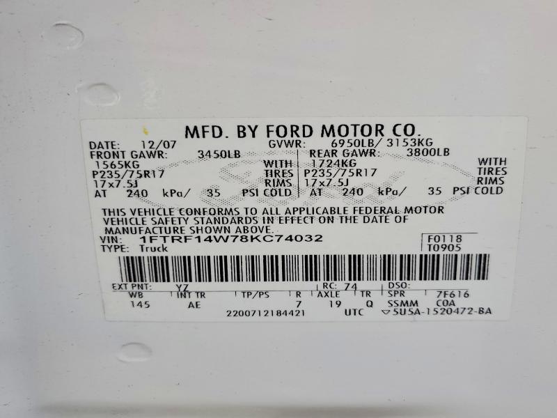 75037585 :رقم المزاد ، 1FTRF14W78KC74032 vin ، 2008 Ford F150 مزاد بيع
