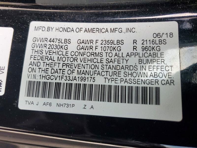 2018 Honda Accord მანქანა იყიდება აუქციონზე, vin: 1HGCV1F33JA199175, აუქციონის ნომერი: 97132525
