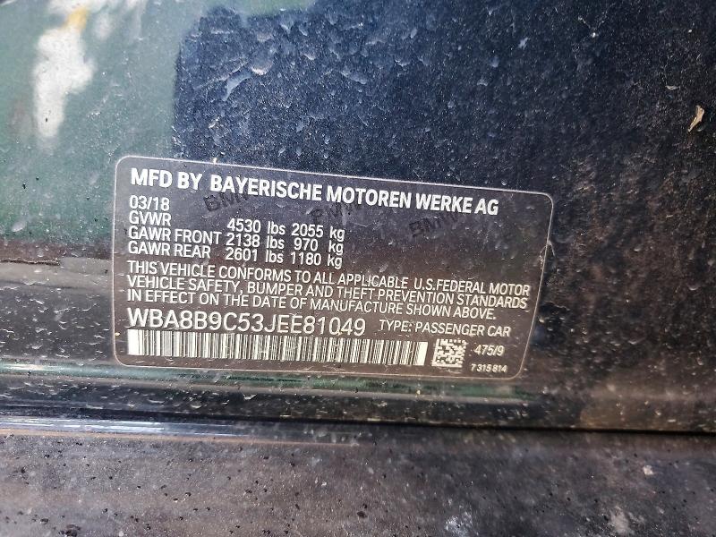 2018 Bmw 330 I მანქანა იყიდება აუქციონზე, vin: WBA8B9C53JEE81049, აუქციონის ნომერი: 75508985