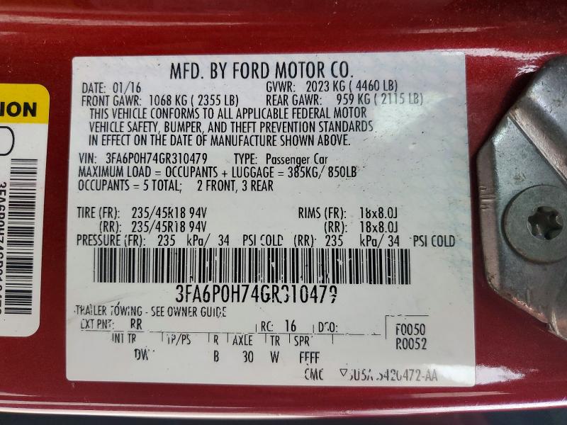 2016 Ford Fusion მანქანა იყიდება აუქციონზე, vin: 3FA6P0H74GR310479, აუქციონის ნომერი: 98640475