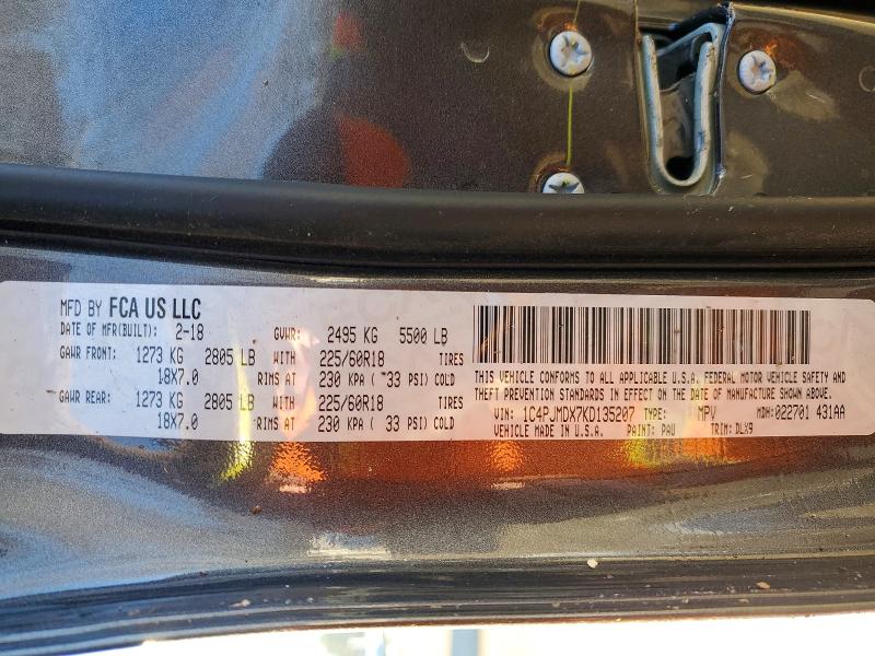 2019 Jeep Cherokee მანქანა იყიდება აუქციონზე, vin: 1C4PJMDX7KD135207, აუქციონის ნომერი: 73217775