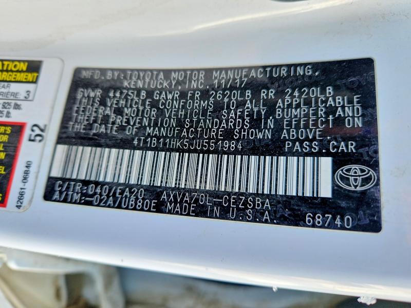 2018 Toyota Camry მანქანა იყიდება აუქციონზე, vin: 4T1B11HK5JU551984, აუქციონის ნომერი: 75080135