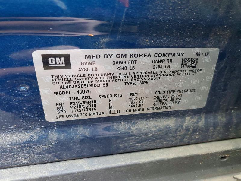 74892605 :رقم المزاد ، KL4CJASB5LB033156 vin ، 2020 Buick Encore مزاد بيع