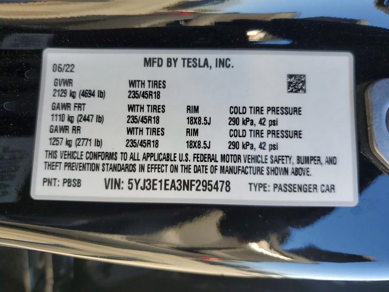 73683705 :رقم المزاد ، 5YJ3E1EA3NF295478 vin ، 2022 Tesla Model 3 مزاد بيع