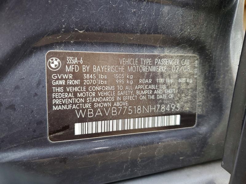 98011205 :رقم المزاد ، WBAVB77518NH78493 vin ، 2008 Bmw 335 مزاد بيع