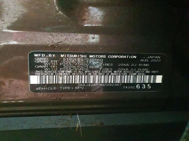 Aukcja sprzedaży 2022 Mitsubishi Outlander, vin: JA4J4VA88NZ092367, numer aukcji: 99352785
