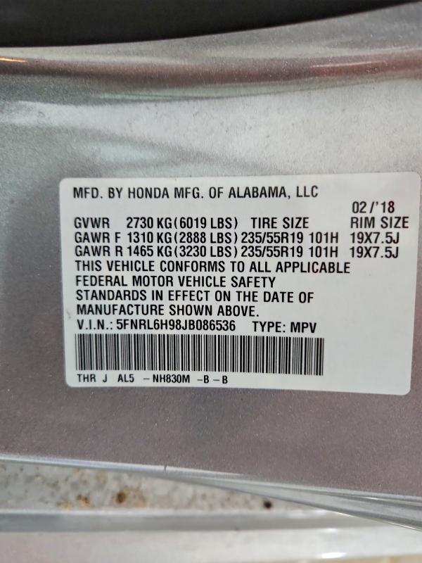 Продажа на аукционе авто 2018 Honda Odyssey El, vin: 5FNRL6H98JB086536, номер лота: 99818325