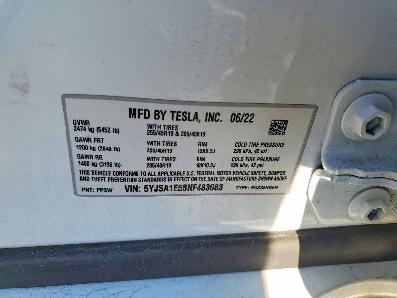 Продажа на аукционе авто 2022 Tesla Model S, vin: 5YJSA1E58NF483083, номер лота: 72553245