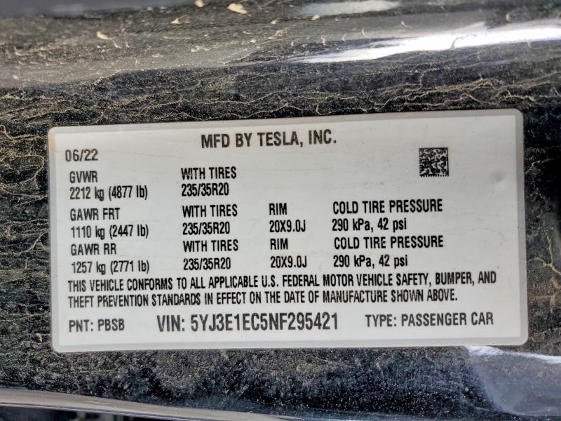 73952985 :رقم المزاد ، 5YJ3E1EC5NF295421 vin ، 2022 Tesla Model 3 مزاد بيع