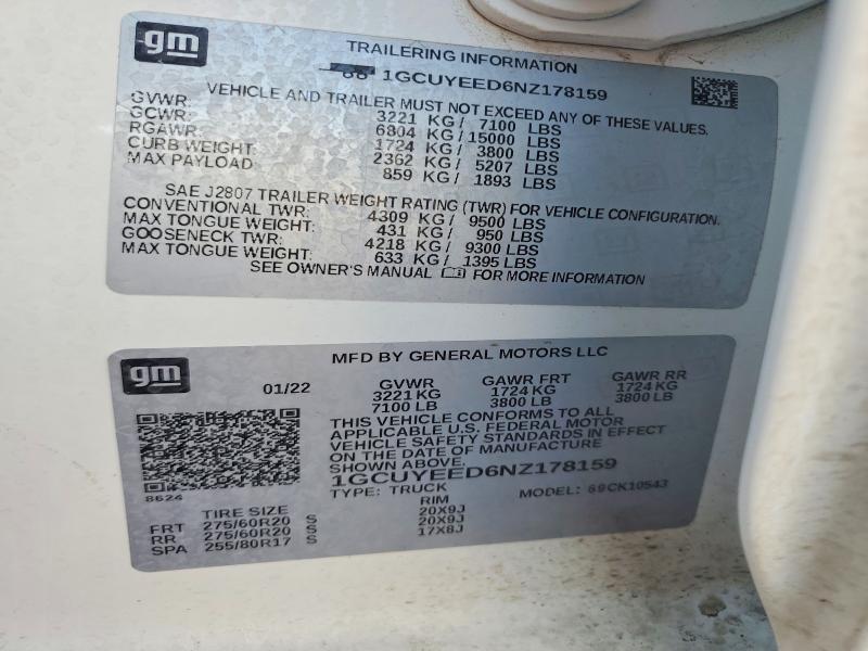 72484405 :رقم المزاد ، 1GCUYEED6NZ178159 vin ، 2022 Chevrolet Silverado Ltd مزاد بيع
