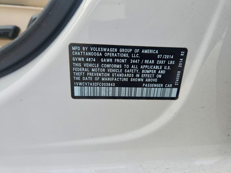 2015 Volkswagen Passat Sel მანქანა იყიდება აუქციონზე, vin: 1VWCV7A32FC003843, აუქციონის ნომერი: 99646345