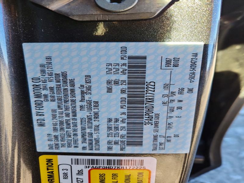 Aukcja sprzedaży 2019 Ford Fusion Se, vin: 3FA6P0HD7KR172225, numer aukcji: 72564355