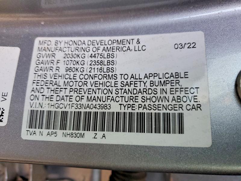 2022 Honda Accord მანქანა იყიდება აუქციონზე, vin: 1HGCV1F33NA043983, აუქციონის ნომერი: 99806555