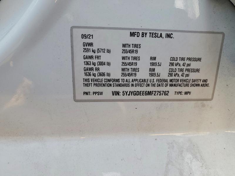 Aukcja sprzedaży 2021 Tesla Model Y, vin: 5YJYGDEE6MF275762, numer aukcji: 74957245