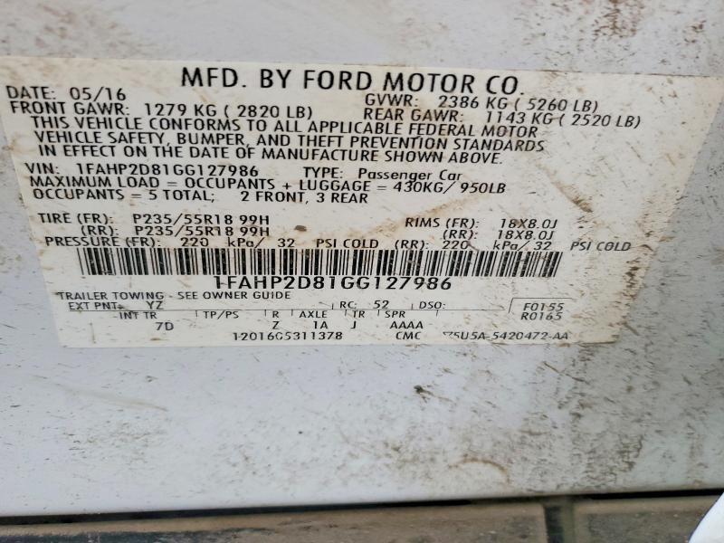 73114365 :رقم المزاد ، 1FAHP2D81GG127986 vin ، 2016 Ford Taurus مزاد بيع