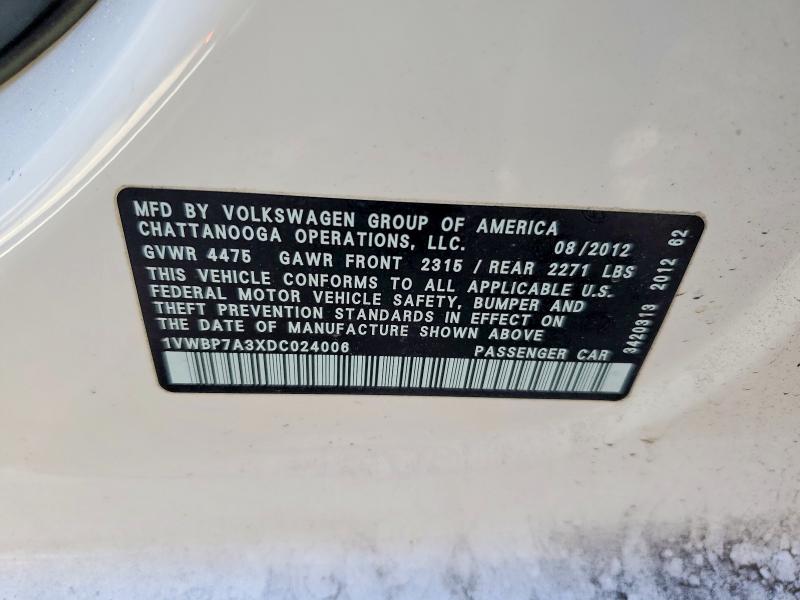 74354005 :رقم المزاد ، 1VWBP7A3XDC024006 vin ، 2013 Volkswagen Passat مزاد بيع