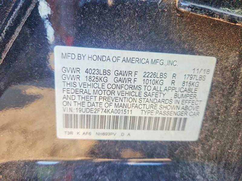 74561805 :رقم المزاد ، 19UDE2F74KA001511 vin ، 2019 Acura Ilx مزاد بيع