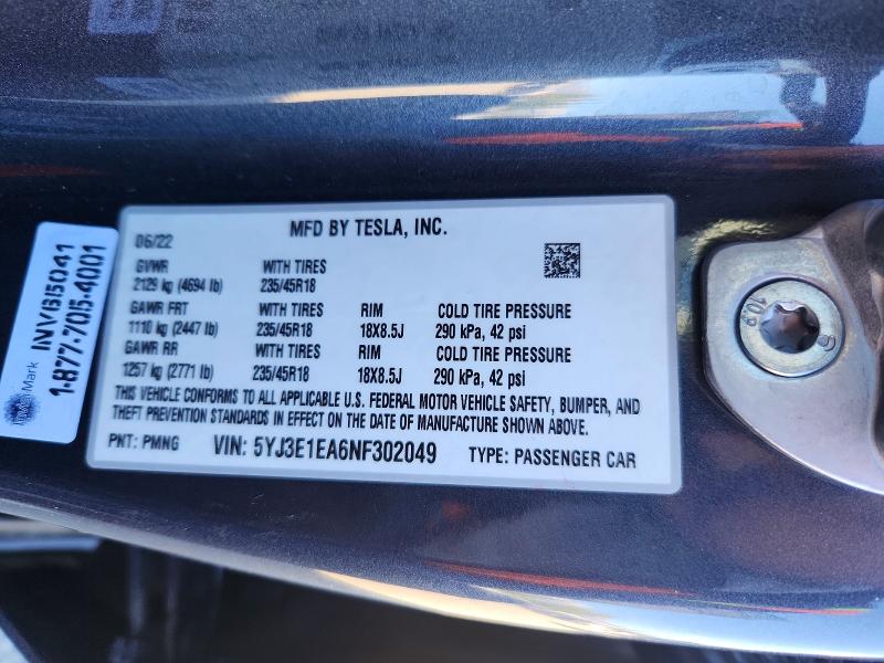 Aukcja sprzedaży 2022 Tesla Model 3, vin: 5YJ3E1EA6NF302049, numer aukcji: 72471495