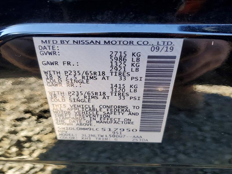 73051285 :رقم المزاد ، 5N1DL0MM9LC517950 vin ، 2020 Infiniti Qx60 مزاد بيع