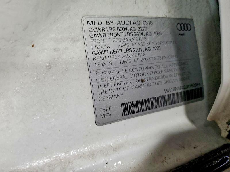 2018 Audi A4 Allroad მანქანა იყიდება აუქციონზე, vin: WA18NAF42JA150654, აუქციონის ნომერი: 73242115