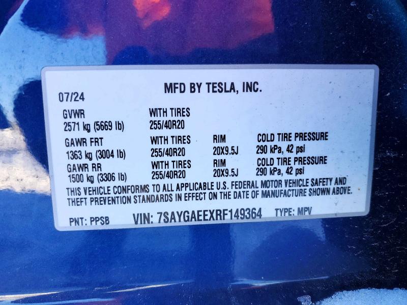74122955 :رقم المزاد ، 7SAYGAEEXRF149364 vin ، 2024 Tesla Model Y مزاد بيع