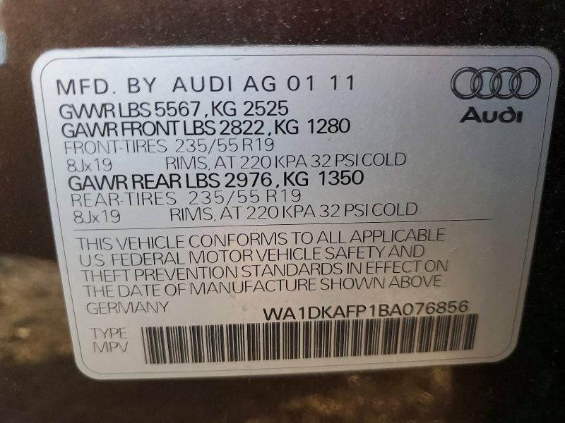 2011 Audi Q5 მანქანა იყიდება აუქციონზე, vin: WA1DKAFP1BA076856, აუქციონის ნომერი: 74247965