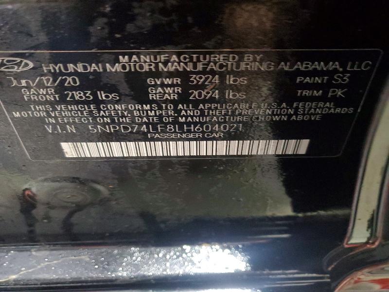 2020 Hyundai Elantra მანქანა იყიდება აუქციონზე, vin: 5NPD74LF8LH604021, აუქციონის ნომერი: 73998755