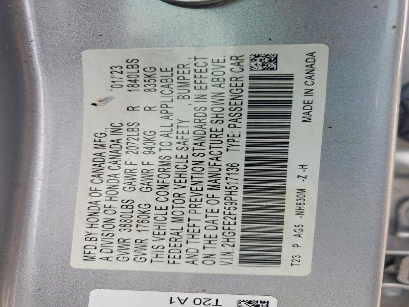 2023 Honda Civic მანქანა იყიდება აუქციონზე, vin: 2HGFE2F59PH517136, აუქციონის ნომერი: 72931915