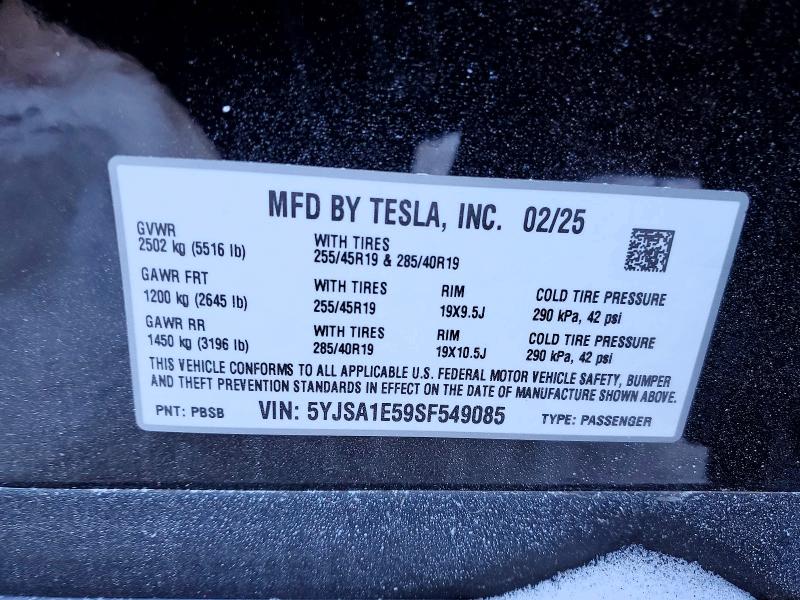 74595935 :رقم المزاد ، 5YJSA1E59SF549085 vin ، 2025 Tesla Model S مزاد بيع