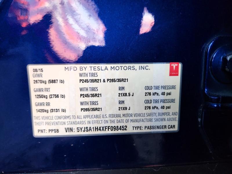 2015 Tesla Model S მანქანა იყიდება აუქციონზე, vin: 5YJSA1H4XFF098452, აუქციონის ნომერი: 72392875