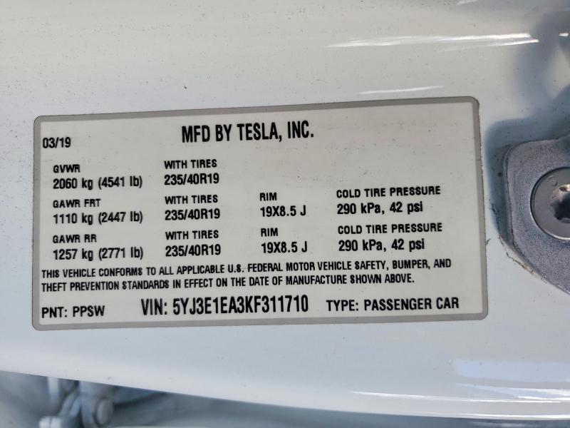 Aukcja sprzedaży 2019 Tesla Model 3, vin: 5YJ3E1EA3KF311710, numer aukcji: 98577715