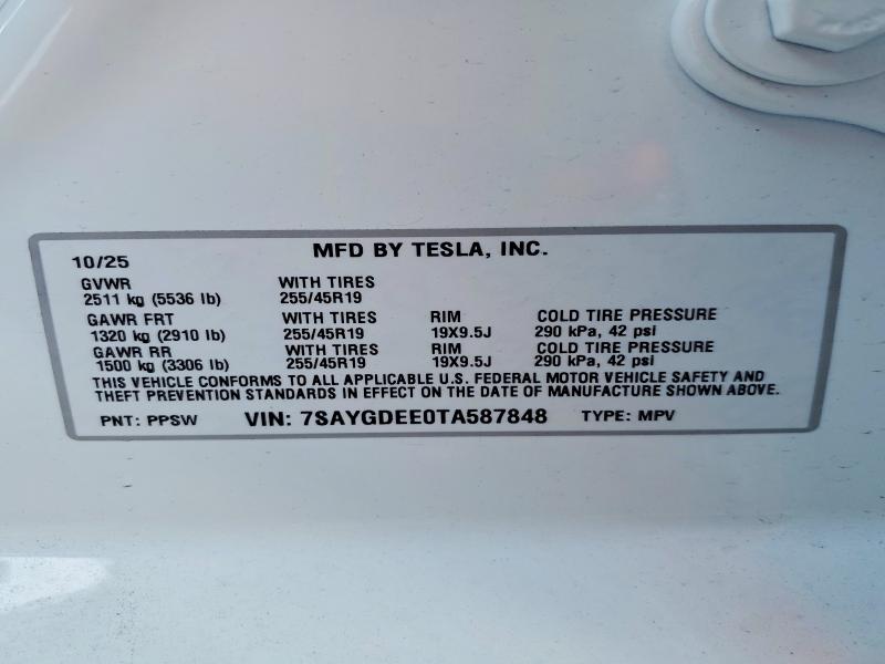Продажа на аукционе авто 2026 Tesla Model Y, vin: 7SAYGDEE0TA587848, номер лота: 75461035