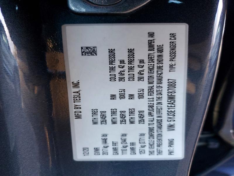 Aukcja sprzedaży 2021 Tesla Model 3, vin: 5YJ3E1EA5MF870887, numer aukcji: 97968335