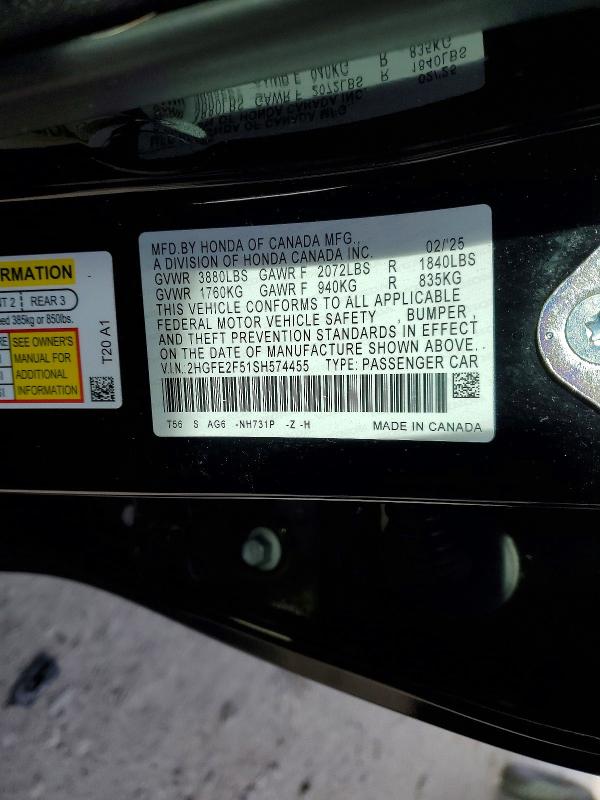 98770095 :رقم المزاد ، 2HGFE2F51SH574455 vin ، 2025 Honda Civic مزاد بيع
