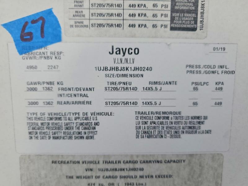 Продаж на аукціоні авто 2019 Jayco Jay Flight, vin: 1UJBJHBJ8K1JH0240, номер лоту: 72109565