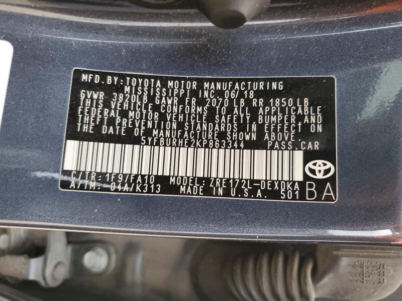 99874395 :رقم المزاد ، 5YFBURHE2KP863344 vin ، 2019 Toyota Corolla L مزاد بيع