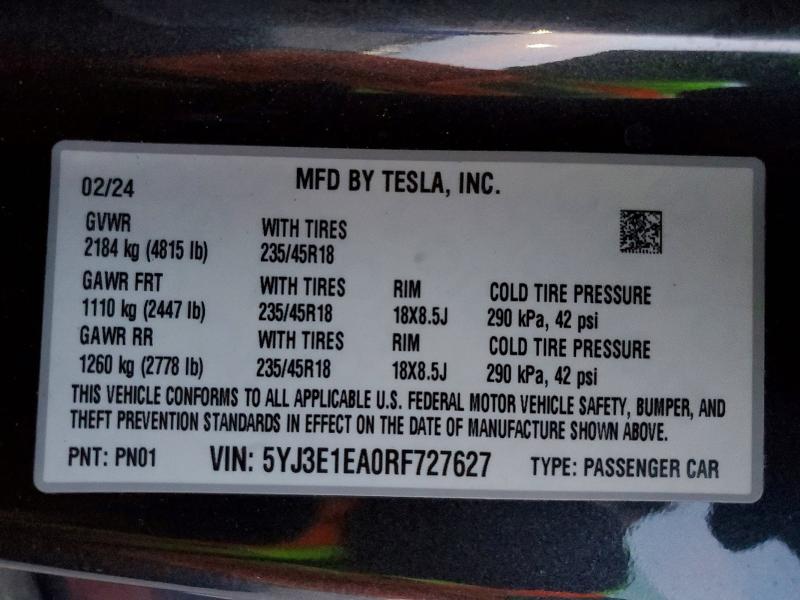Продажа на аукционе авто 2024 Tesla Model 3, vin: 5YJ3E1EA0RF727627, номер лота: 99721245