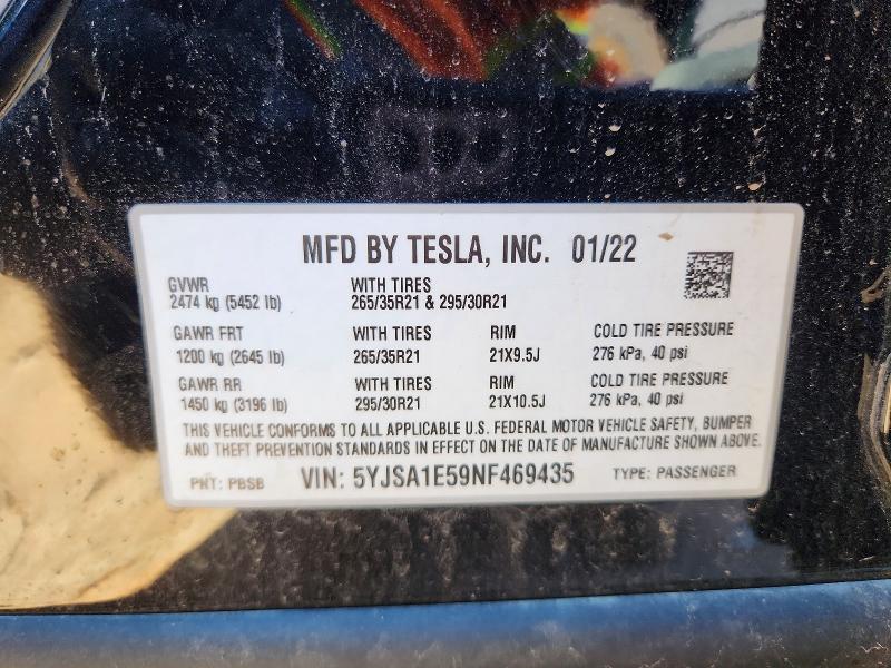 2022 Tesla Model S მანქანა იყიდება აუქციონზე, vin: 5YJSA1E59NF469435, აუქციონის ნომერი: 72237635