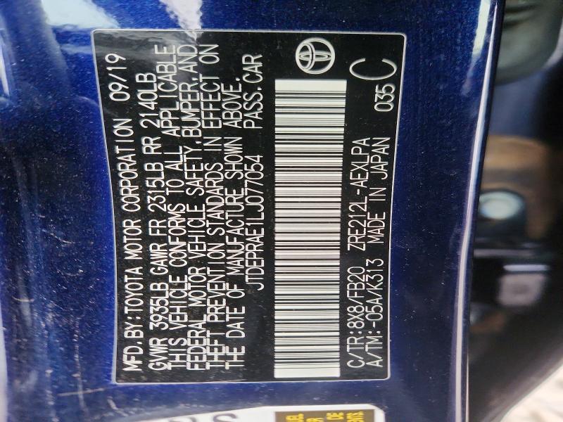 Aukcja sprzedaży 2020 Toyota Corolla, vin: JTDEPRAE1LJ077054, numer aukcji: 98822855