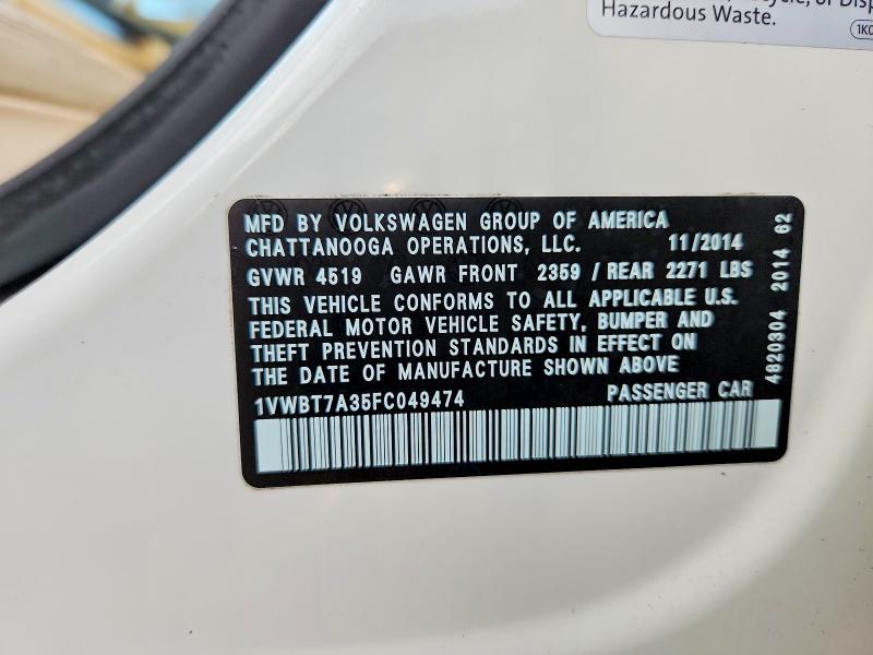 2015 Volkswagen Passat Se მანქანა იყიდება აუქციონზე, vin: 1VWBT7A35FC049474, აუქციონის ნომერი: 73467535