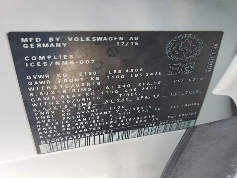 Продажа на аукционе авто 2016 Volkswagen Tiguan Tre, vin: WVGHV7AX3GW567072, номер лота: 73835715