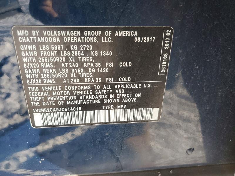 74744115 :رقم المزاد ، 1V2NR2CA9JC514018 vin ، 2018 Volkswagen Atlas Sel مزاد بيع