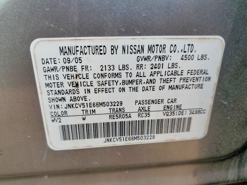 Aukcja sprzedaży 2006 Infiniti G35, vin: JNKCV51E66M503229, numer aukcji: 72201035
